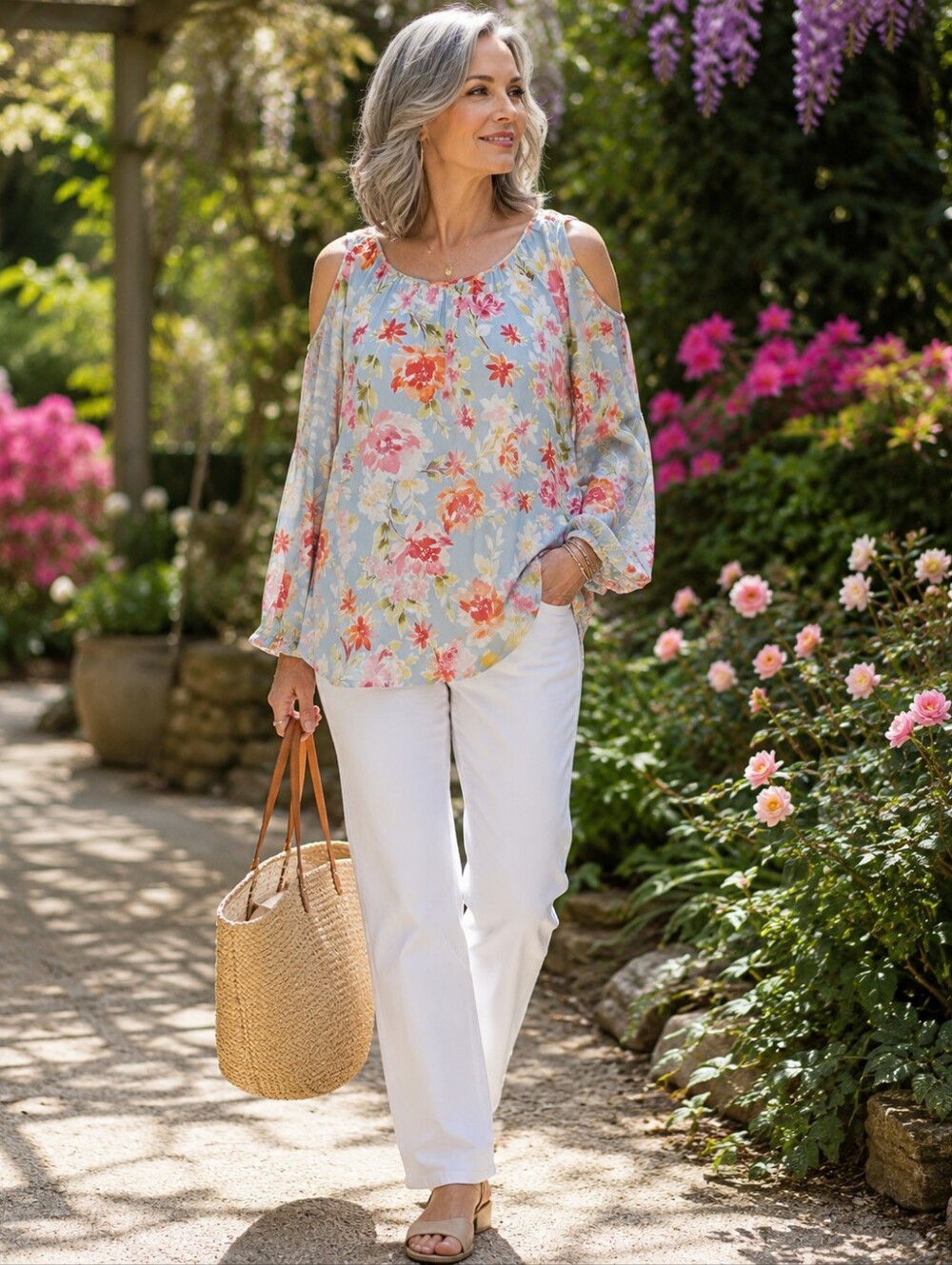 J. Jill Medium Cold Shoulder Floral Blouse 100% Rayon Blue Watercolor Boho Top